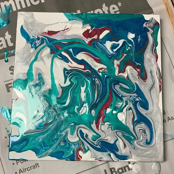 Original Paint Pour Art - Metallic Aqua, Teal, Wine, Silver and White - Picture 7 of 7